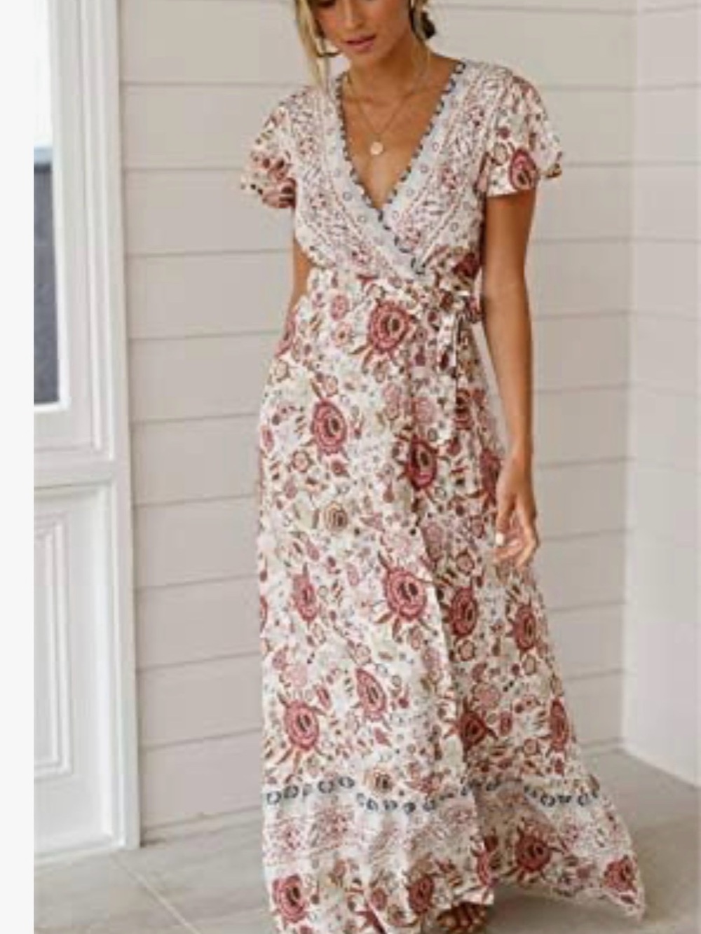 Bohemian Floral Wrap Maxi Dress in Cream and Rose
